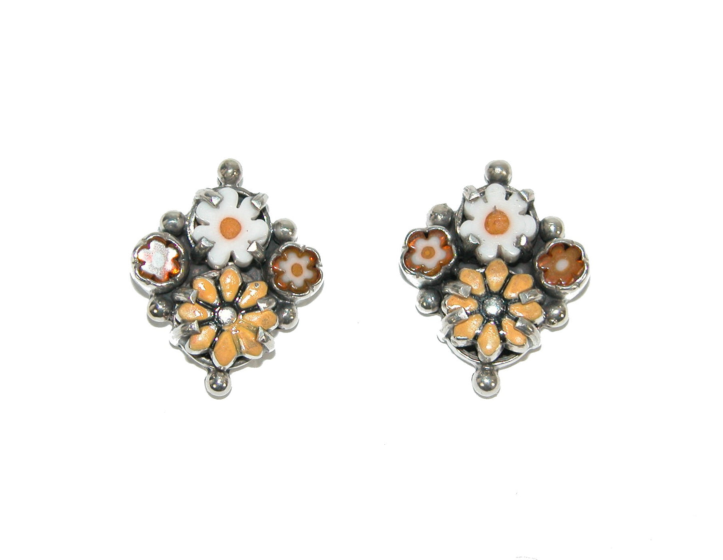 Enameled Flower Cluster Sterling Silver Earrings