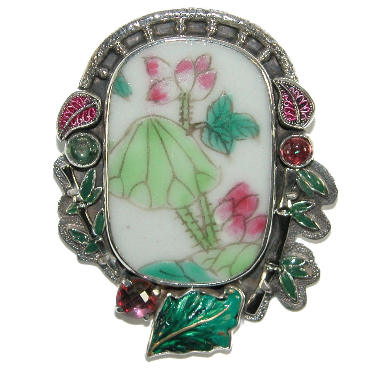 31197 Porcelain Floral Tourmaline Hand Painted Enamel Sterling Silver Pin and Pendant