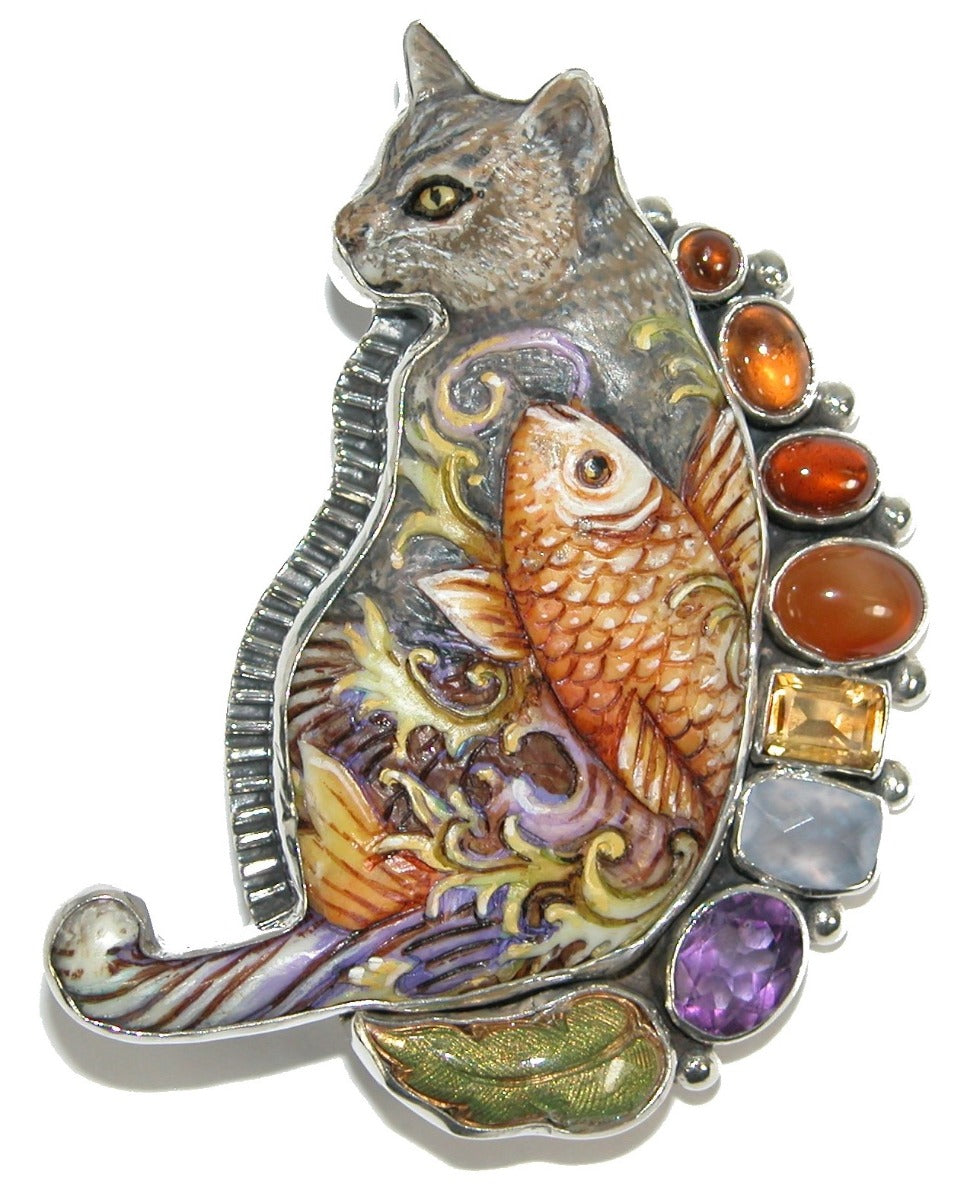 ONE OF A KIND Hand Carved Cat Multi Precious Stone Sterling Silver Pin Pendant