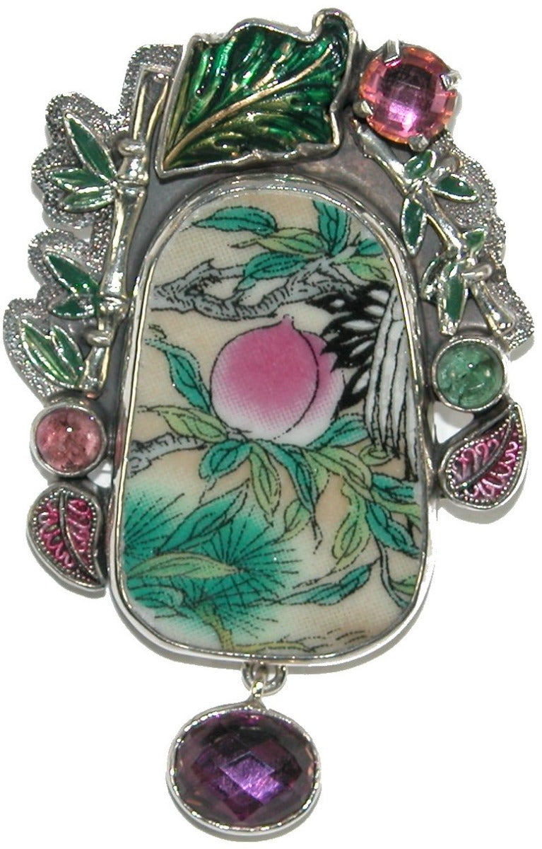 31201 Tourmaline Flower Enamel Leaf Sterling Silver Pin Pendant
