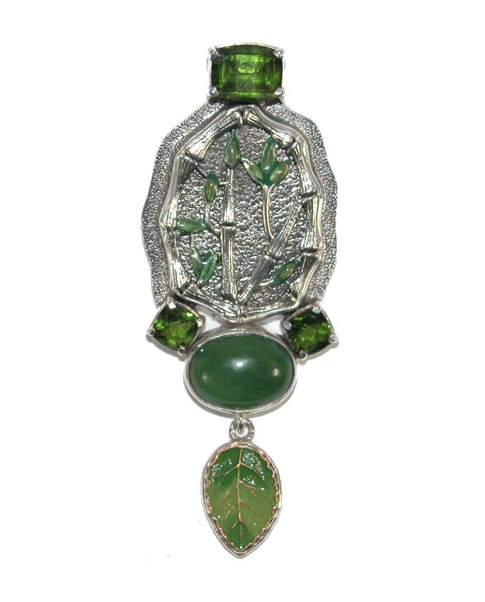 31202 Hand Painted Bamboo Green Jasper Sterling Silver Pin Pendant