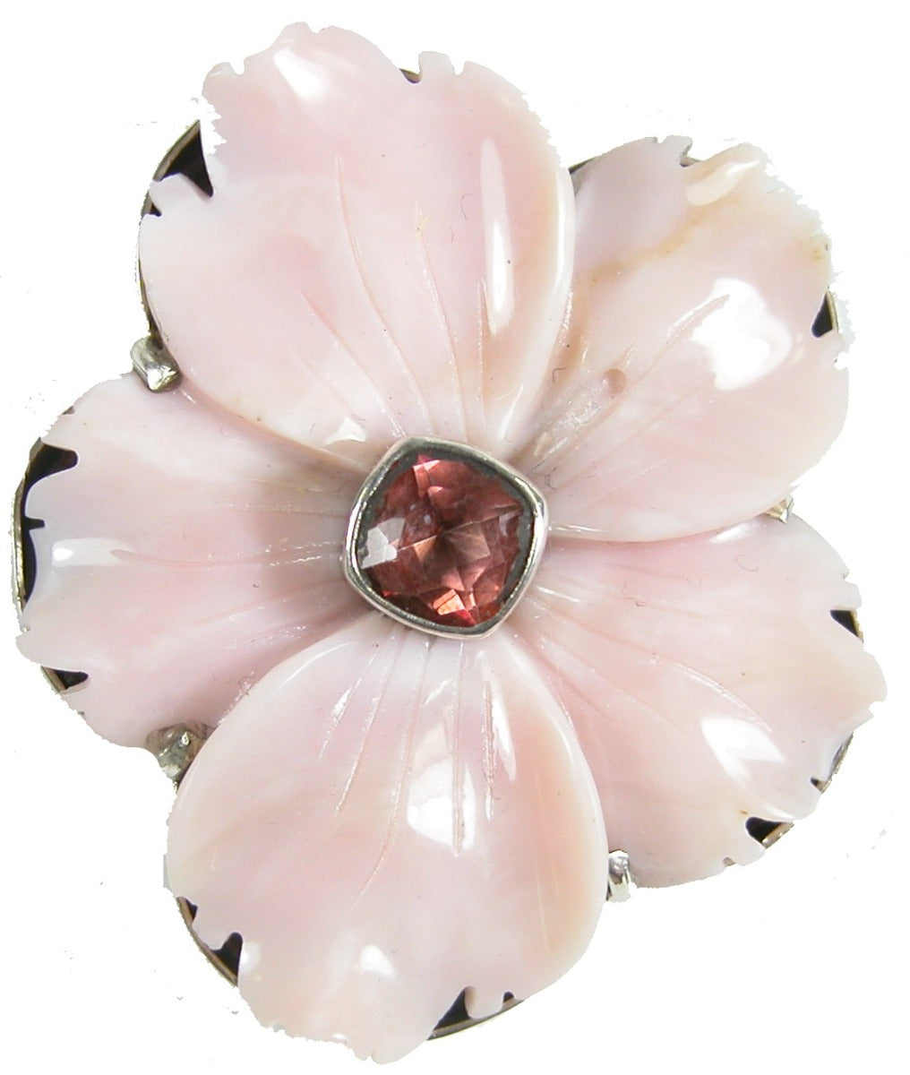 Carved Pink Opal Flower Sterling Silver Pin Pendant