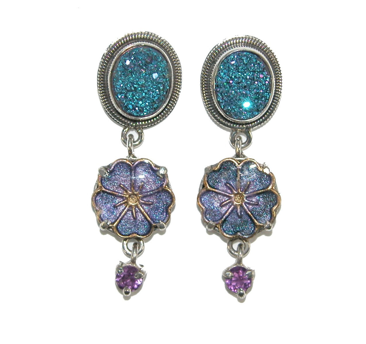 Amethyst Enamel Flower Purple Flower Drusy Sterling Silver Earring