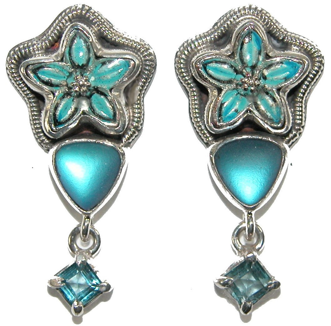 Hand Painted Enamel Blue Flower Topaz Sterling Silver Earring