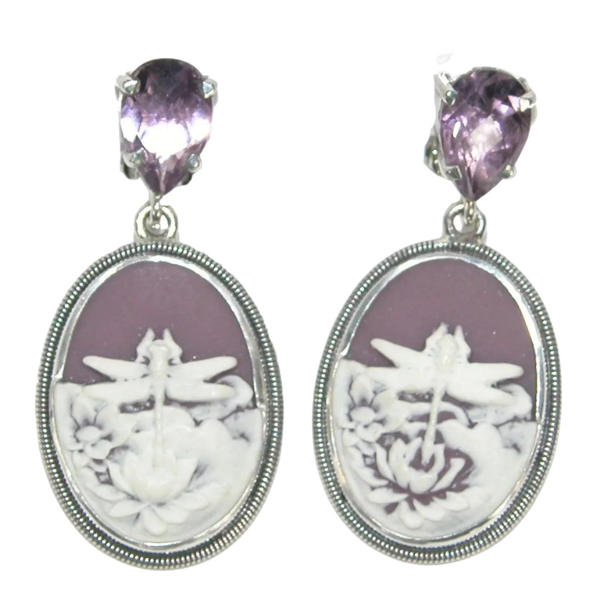 31222 Hand Etched Dragonfly Cameo Sterling Silver Earrings