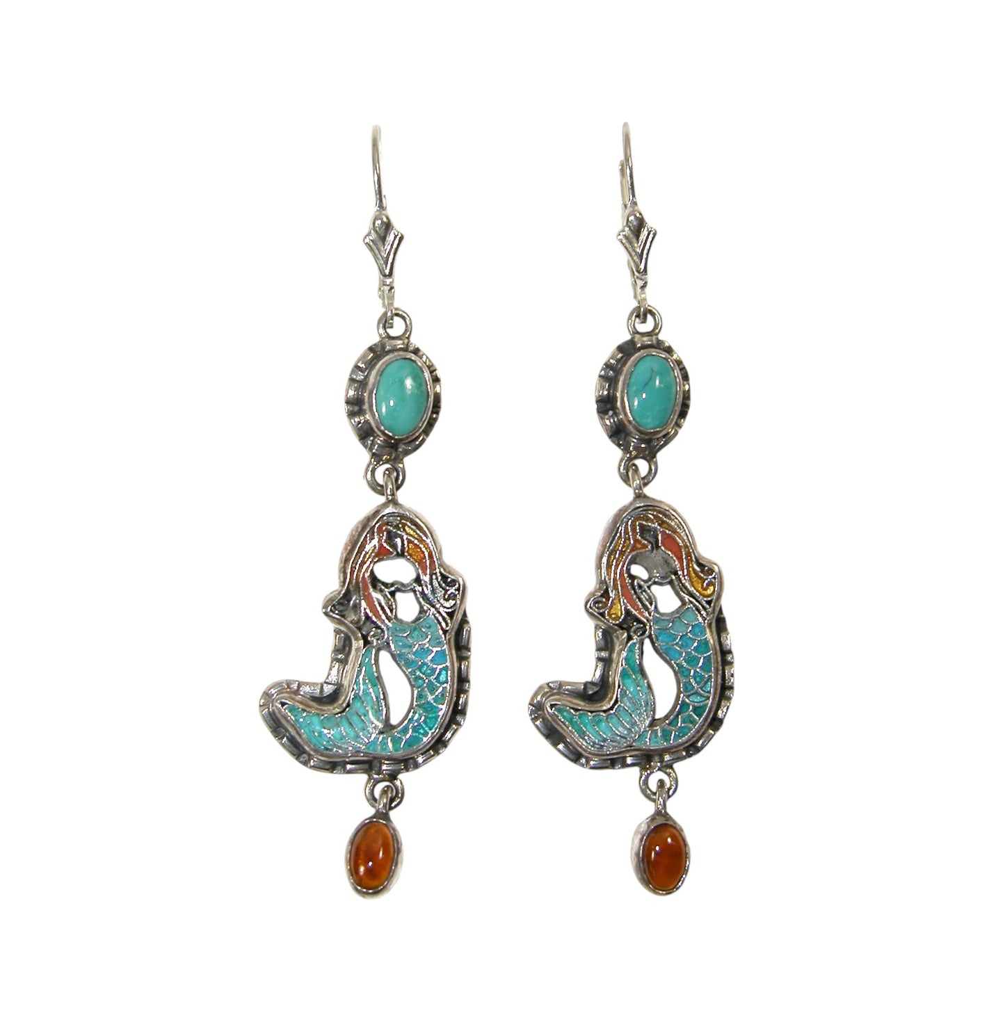 31248L Hand Painted Enamel Mermaid Turquoise Sterling Silver Earring