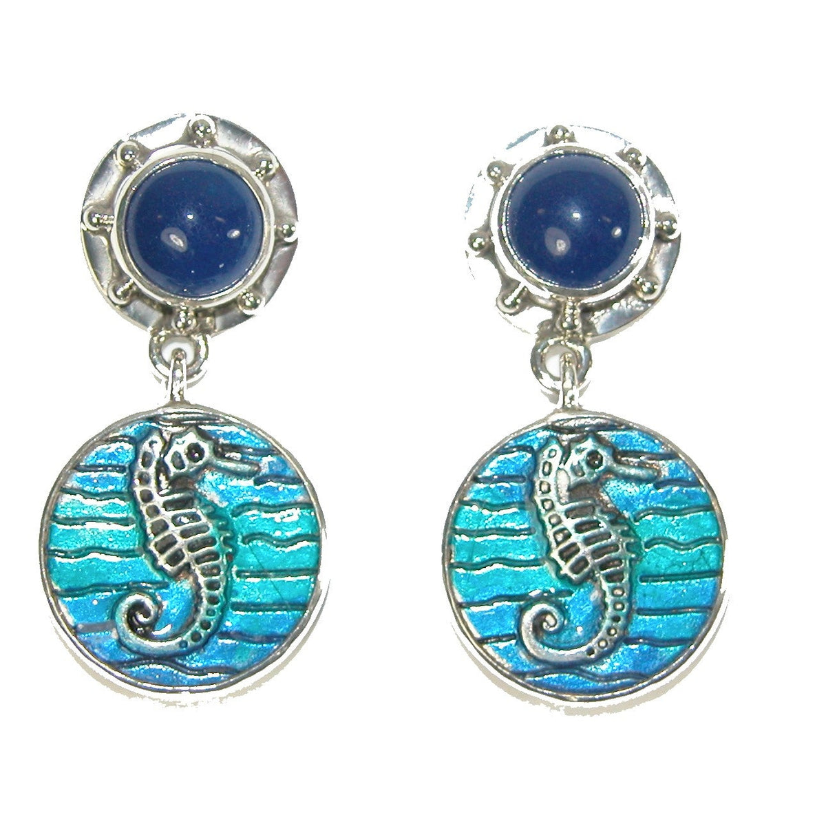 31249C Blue Lapis, Hand Enameling Seahorse Sterling Silver Dangle Earrings