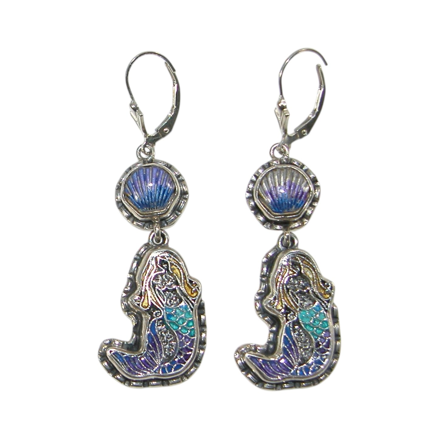 Hand Painted Purple Enamel Mermaid Seashell Sterling Silver Earrings