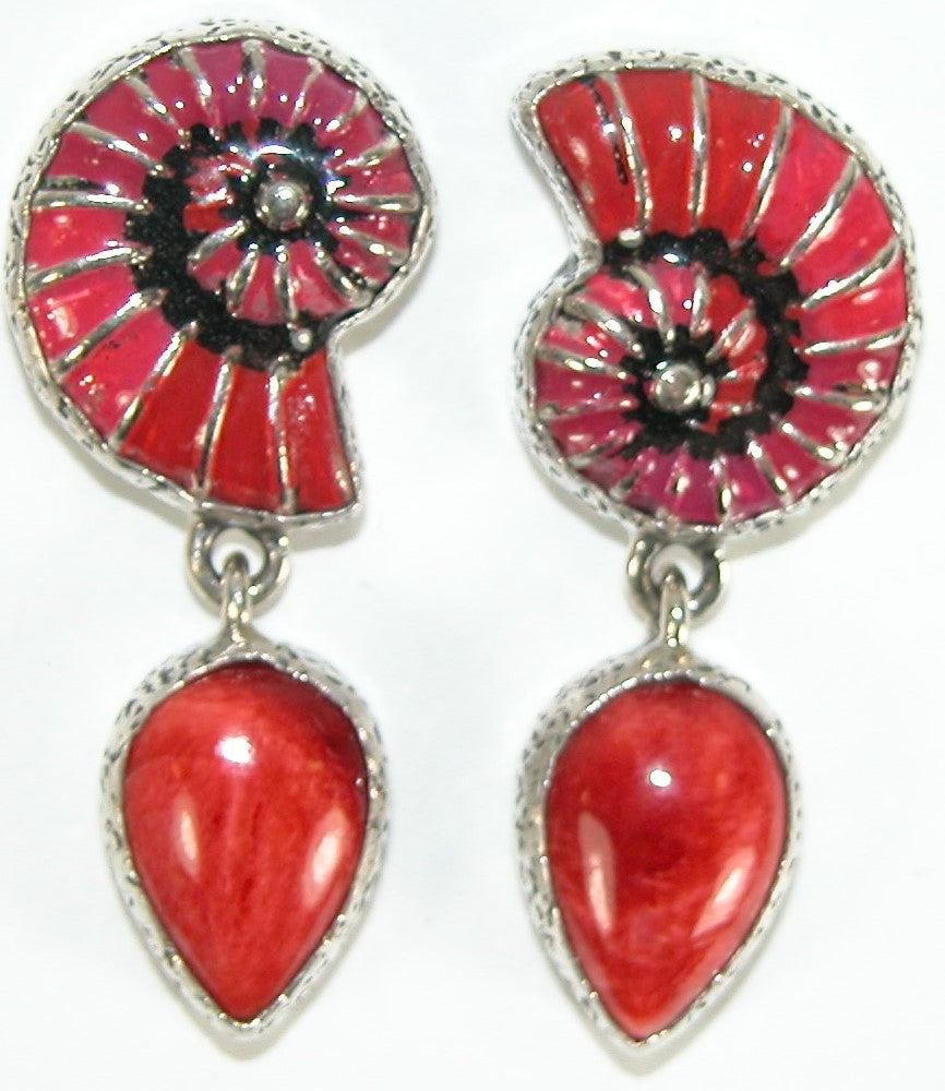 31259 Spiny Oyster Hand Painted Red Enamel Shell Sterling Silver Earring