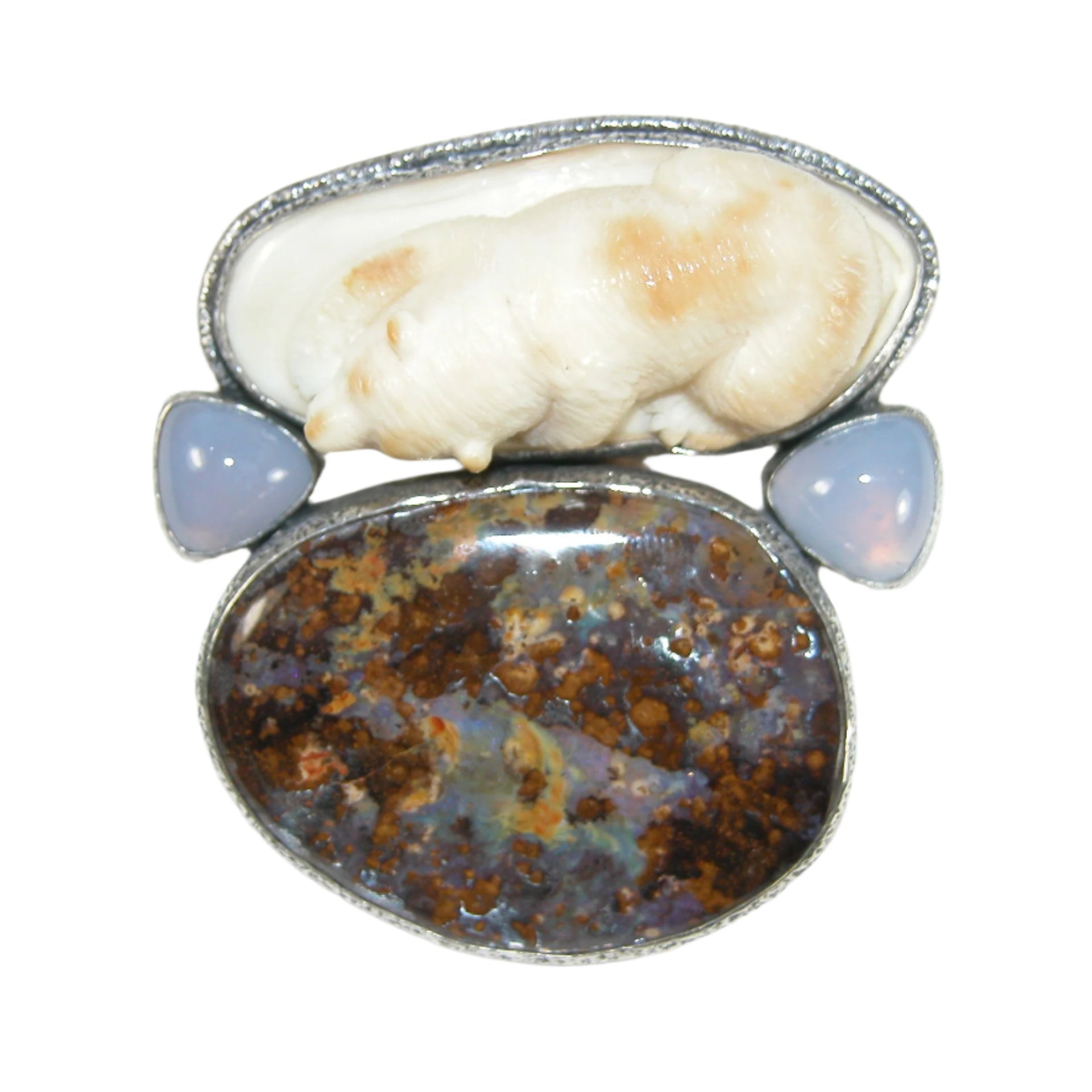 31274 Hand Carved Fossil Ivory Bear, Boulder Opal Sterling Silver Pin