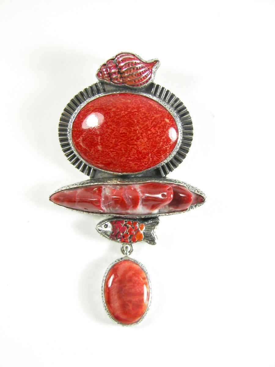 31276 Hand Carved Apple Coral Spiny Oaster and Fish Pin Pendant