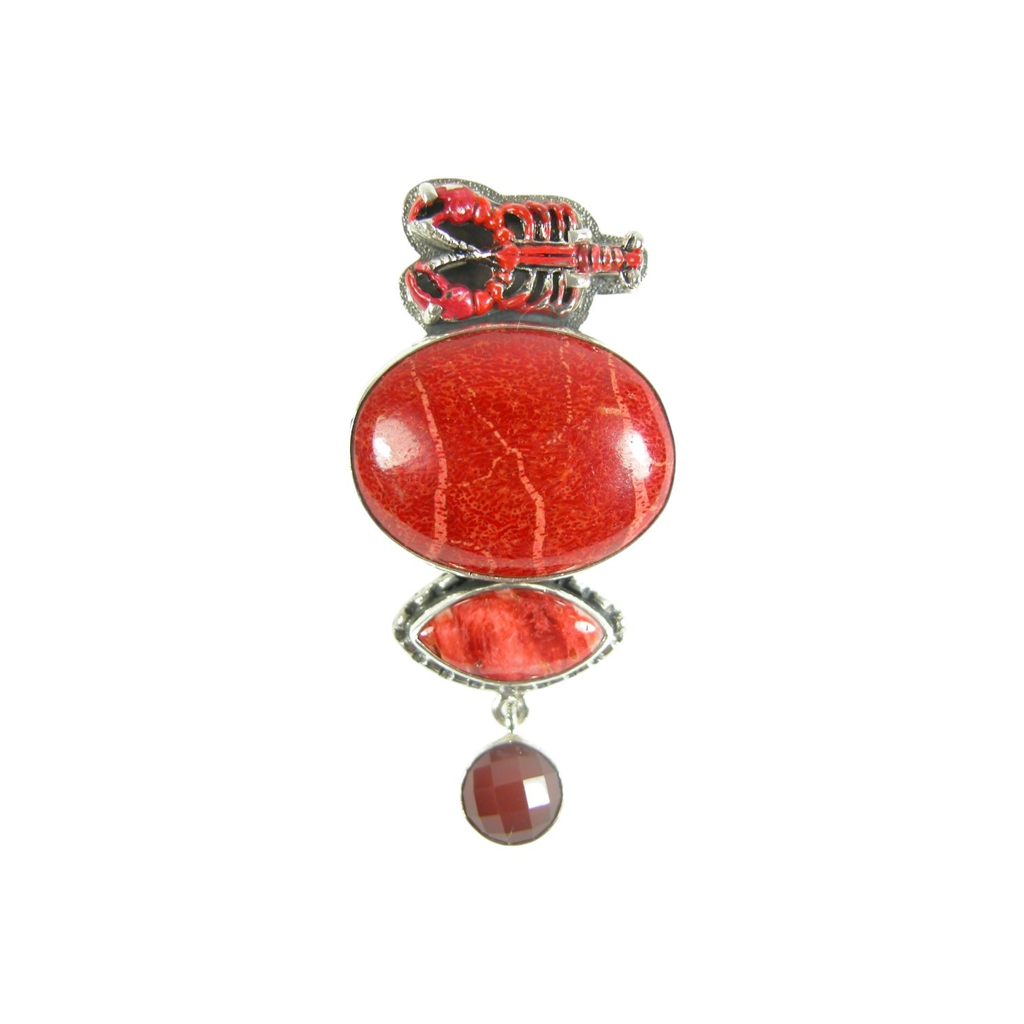 Lobster Enameled Red Sterling Silver Pin and Pendant
