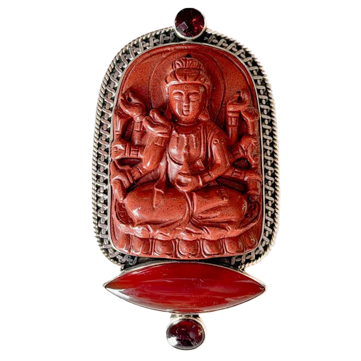 31290 Carved Jasper Buddha Sterling Silver Pin / Pendant