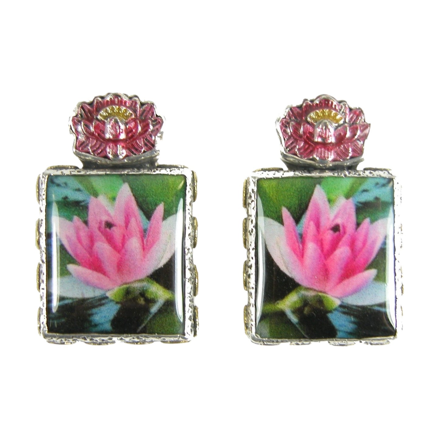 Pink Lotus Tile Enamel Sterling Silver Earrings