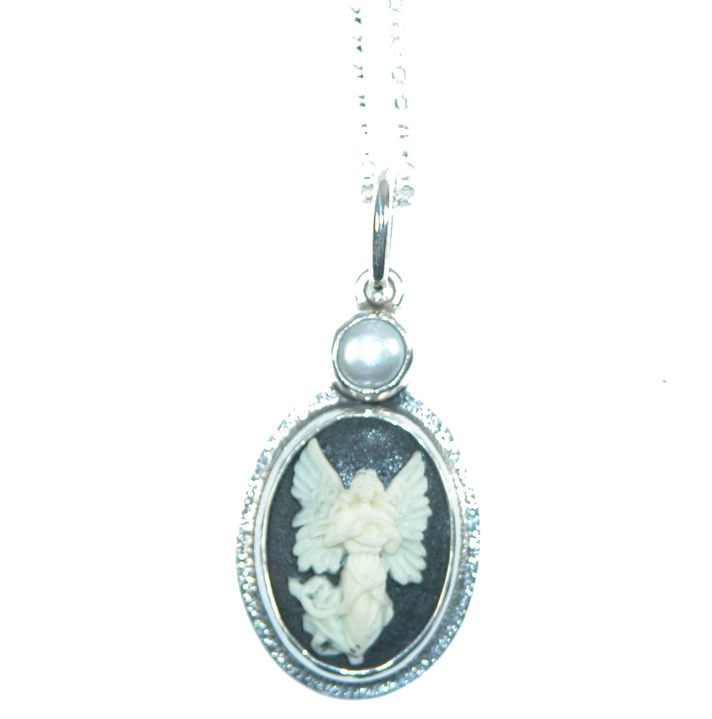 31298 Etched Cameo, Freshwater Pearl Sterling Silver Necklace