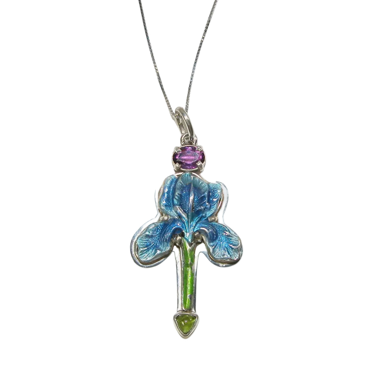 31306C Hand-Enameled Blue Iris, Amethyst, Vesuvianite Necklace