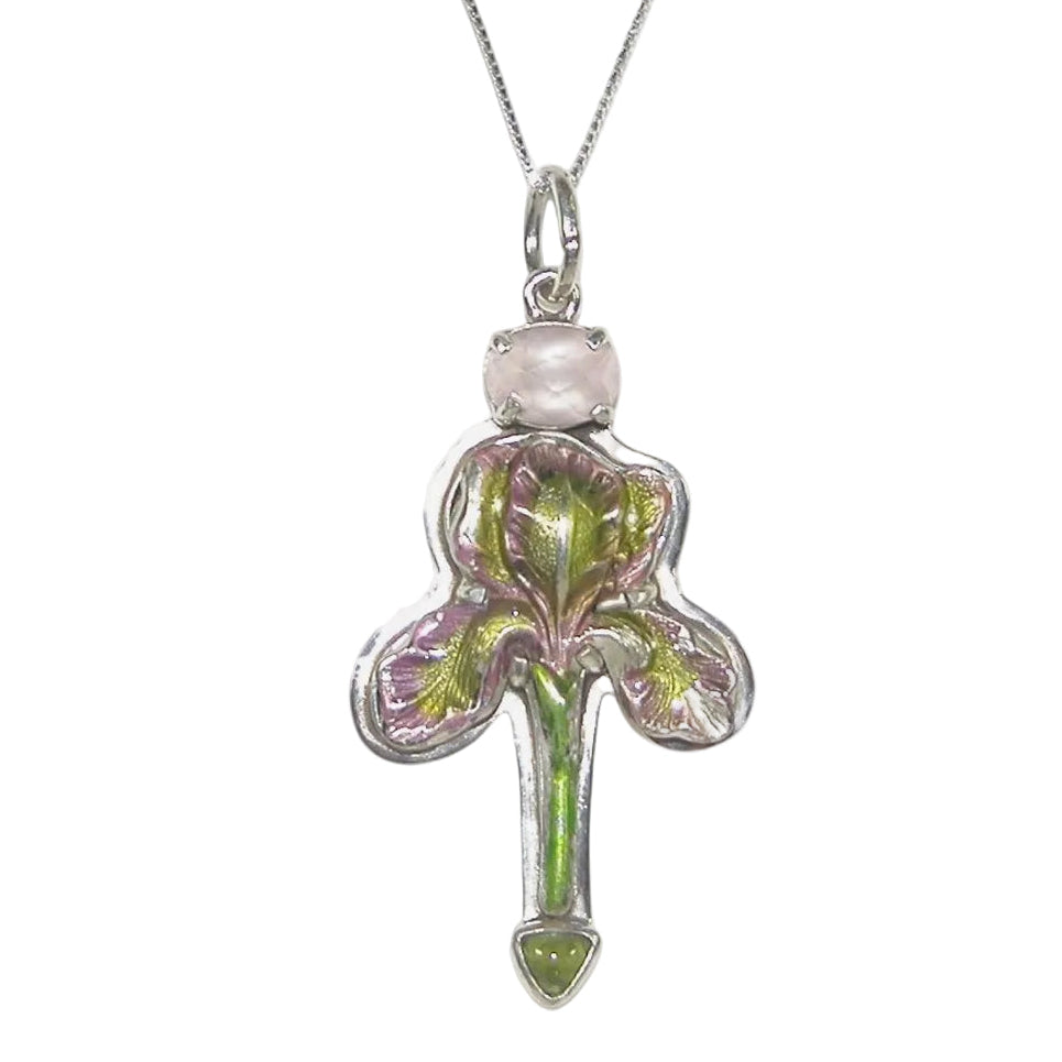 31306D Hand-Enameled Pink Iris, Rose Quartz, Peridot Necklace