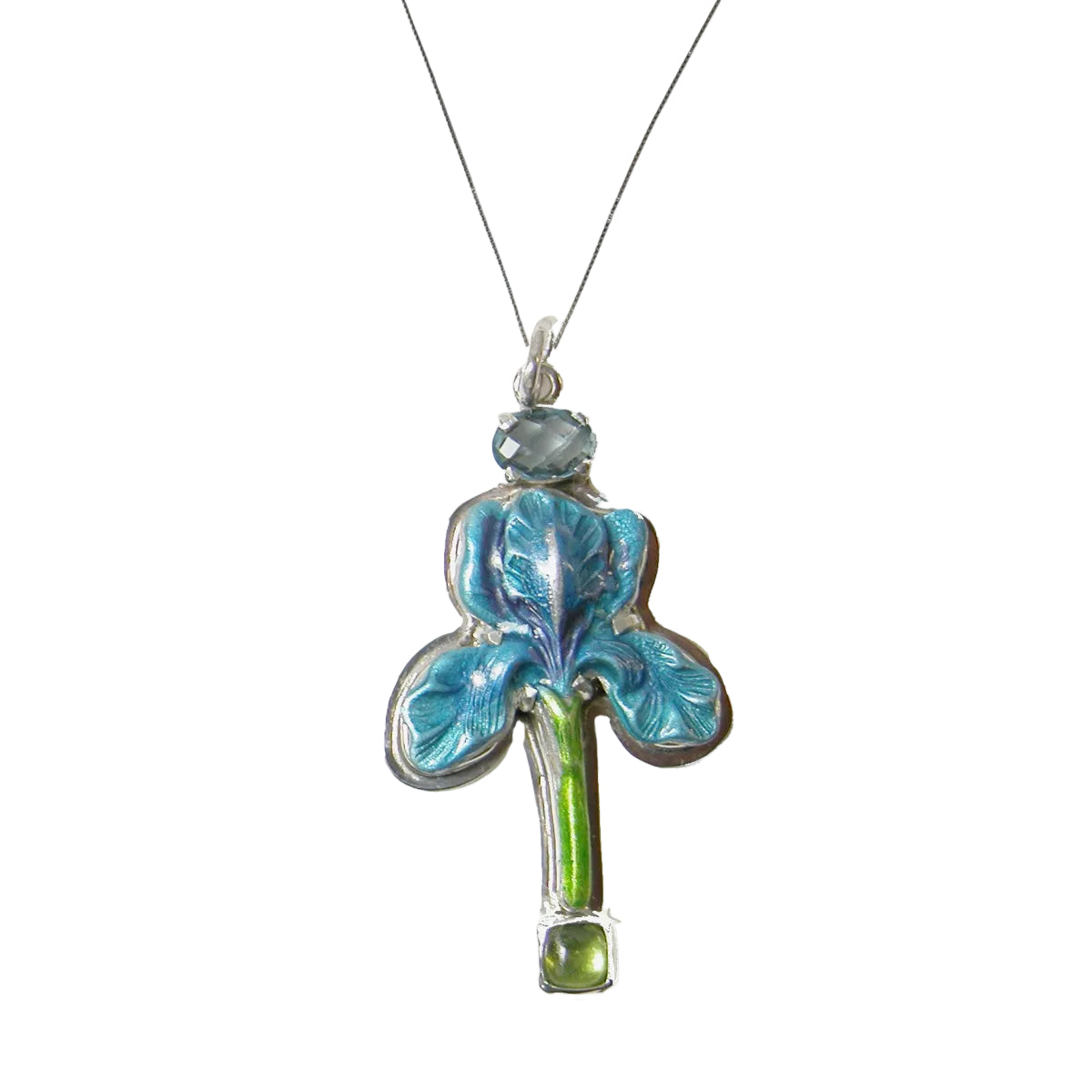 31306E Hand-Enameled Blue Iris, Blue Topaz, Peridot Necklace