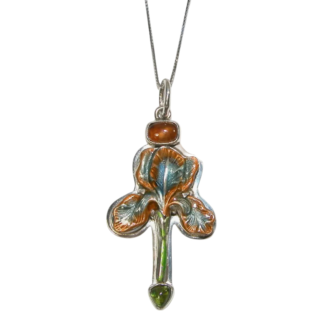 31306F Hand-Enameled Rust Iris, Cognac Topaz, Vesuvianite Necklace