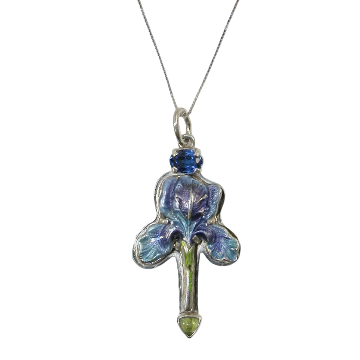 31306G Hand-Enameled Blue Iris, Aquamarine, Vesuvianite Necklace