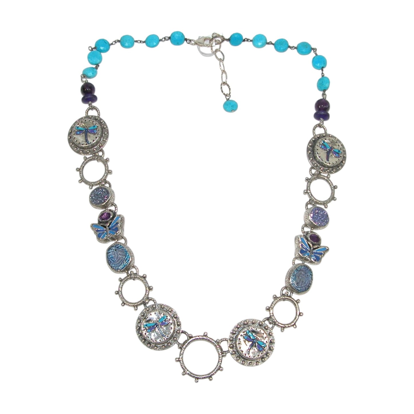 Gemstone Mosaic, Boulder Opal, Blue Topaz, Moonstone, Brazilian Drusy, Amethyst Sterling Silver Necklace