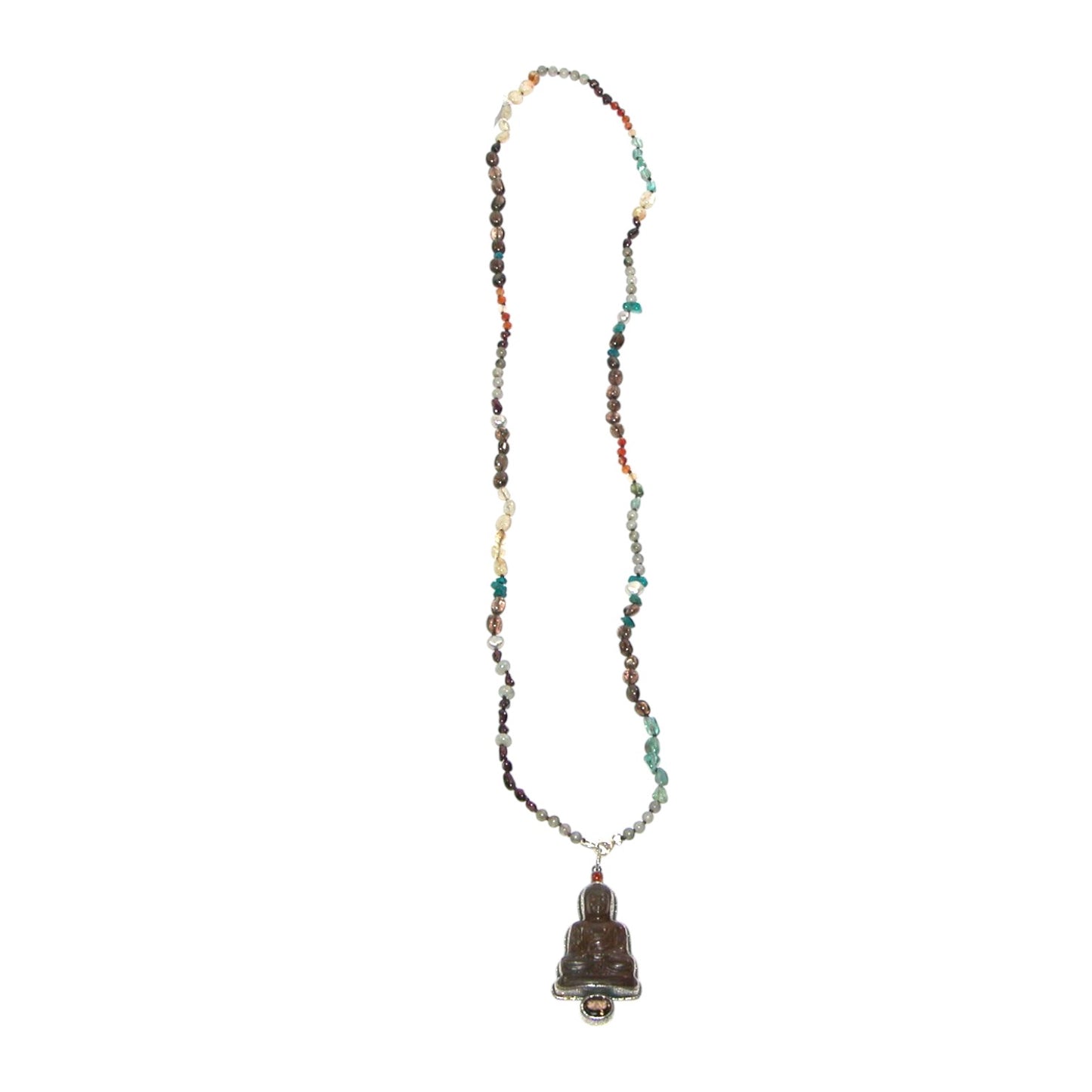 Zen Carved Smokey Quartz, Agate, Citrine, Carnelian, Apatite, Labradorite Beaded Sterling Silver Necklace