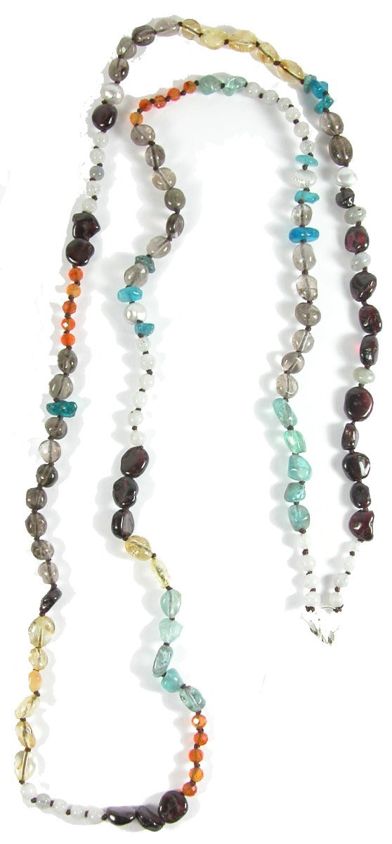 Apatite Citrine Pearl Carnelian Knotted Long Sterling Silver Necklace