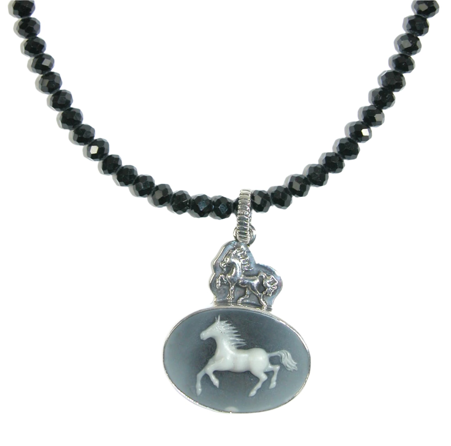 Horse Cameo Beaded Sterling Silver Necklace and Pendant