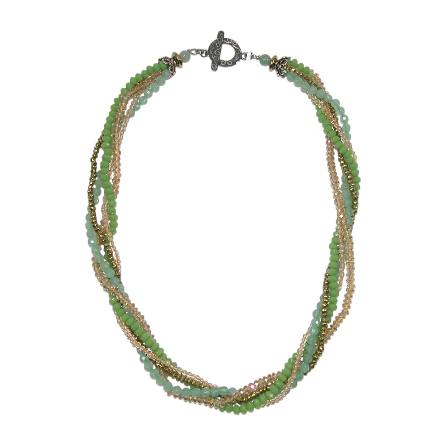 31322 Green Aventurine, Citrine, Hematite, Crystal Five Strand Sterling Silver Necklace