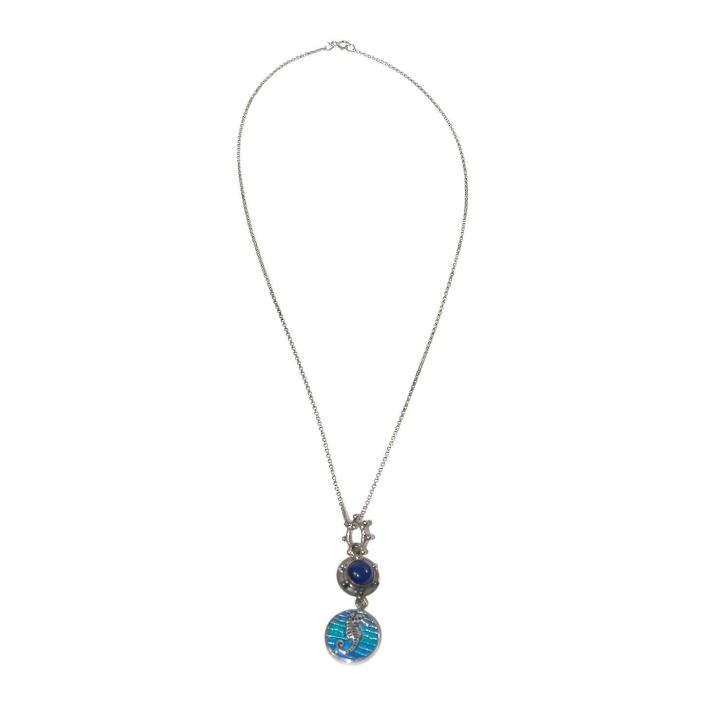 31339 Hand Enameling Seahorse Blue Lapis Sterling Silver Necklace
