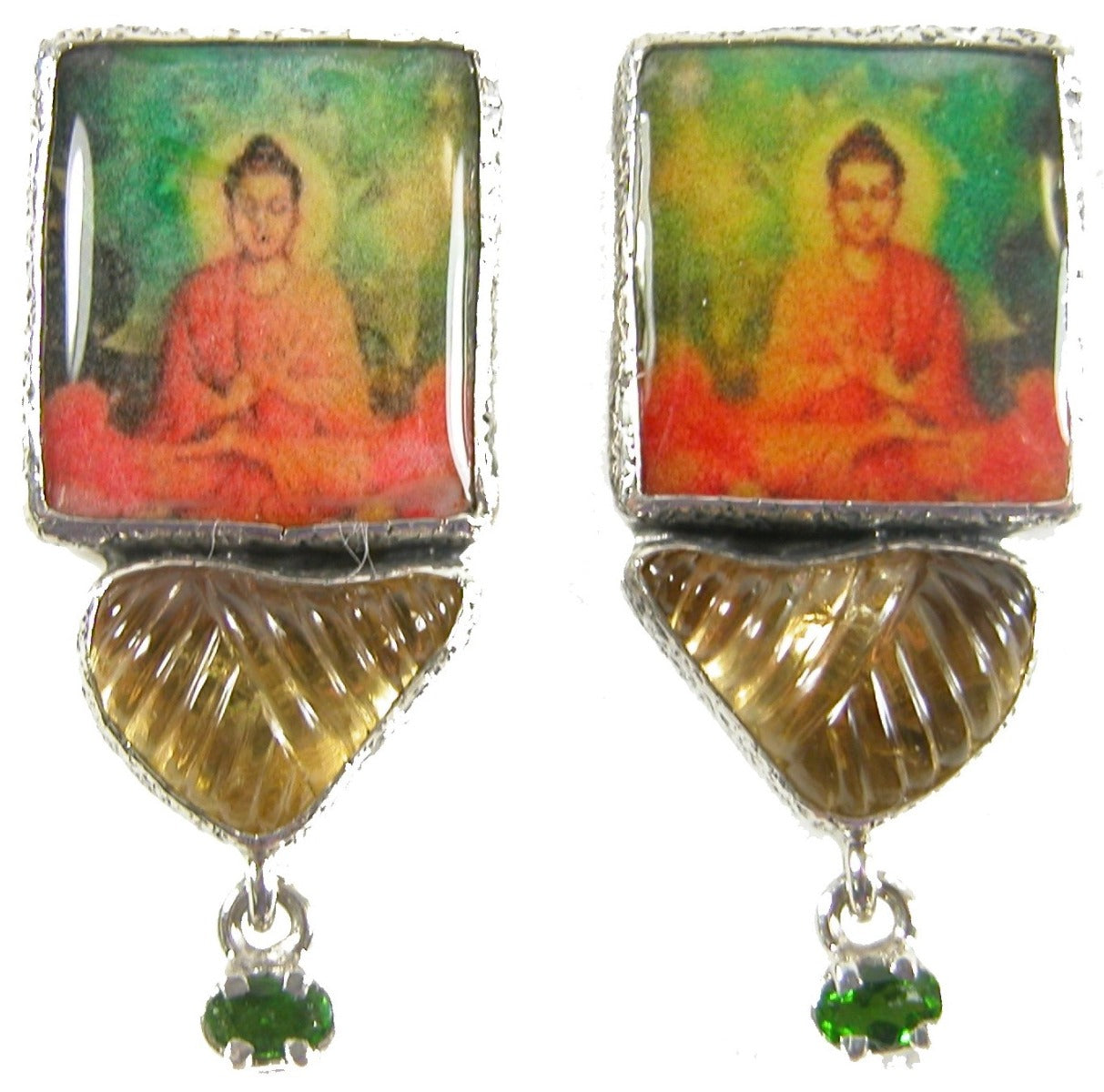 31348 Faceted Citrine Buddha Tile Chrome Diopside Sterling Silver Earring