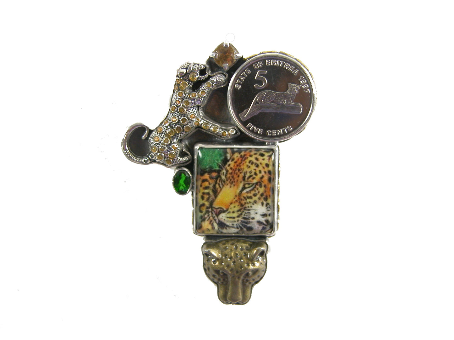 31352 Collectible Coin, Chrome Diopside, Citrine, Handmade Tile of Lepard Sterling Silver Pin and Pendant