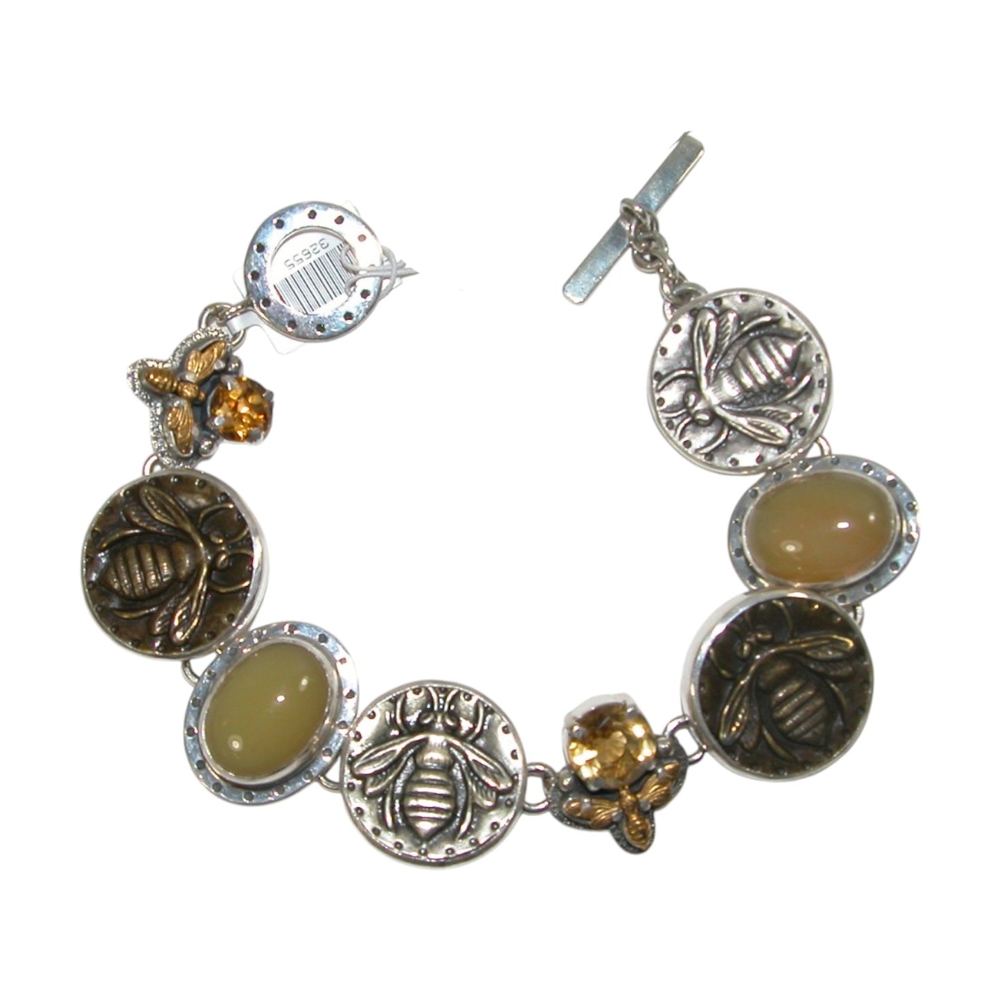 Citrine, Opal, Enamel Bee Coin Sterling Silver Bracelet
