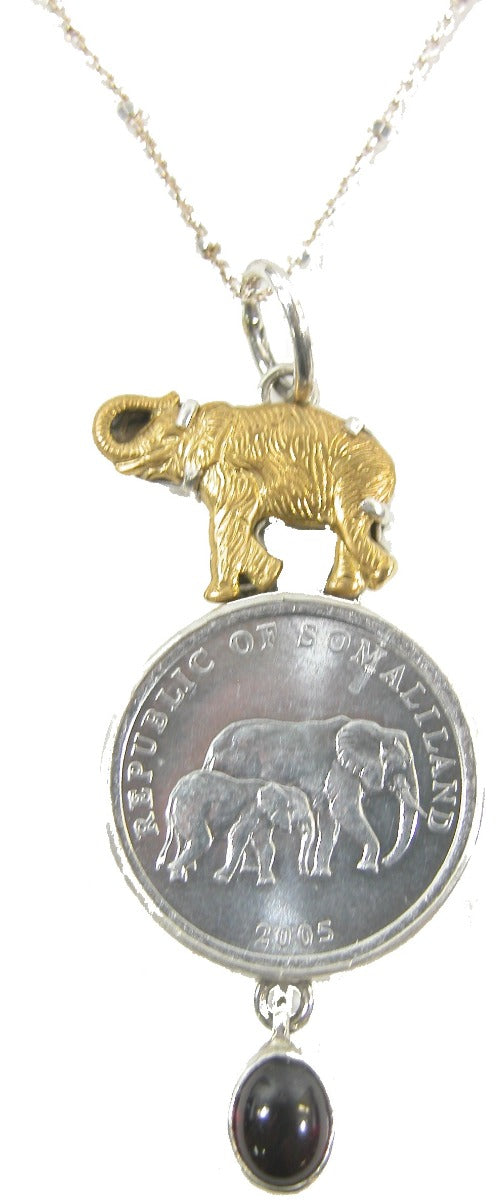 Elephant Coin Garnet Sterling Silver Pendant Necklace