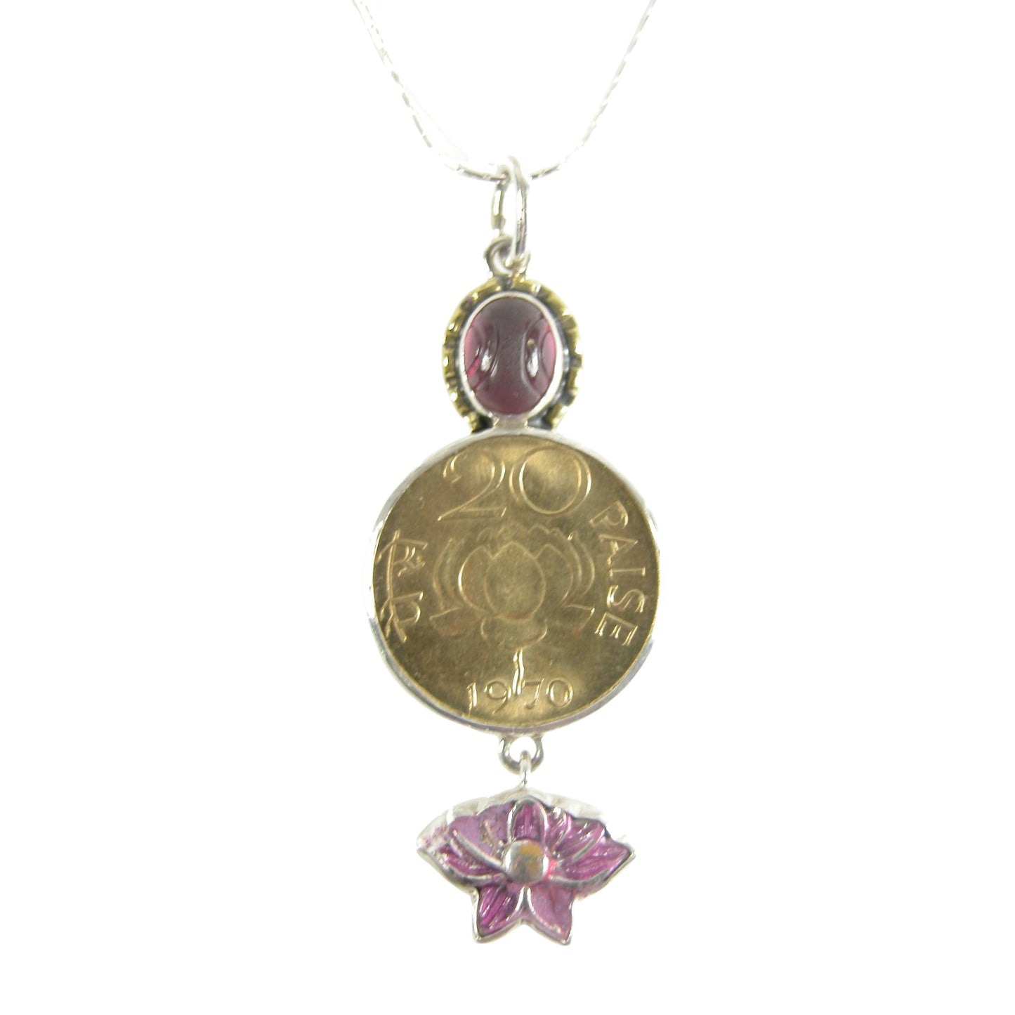 31394 Lotus Flower Coin Enamel Sterling Silver Pendant Necklace