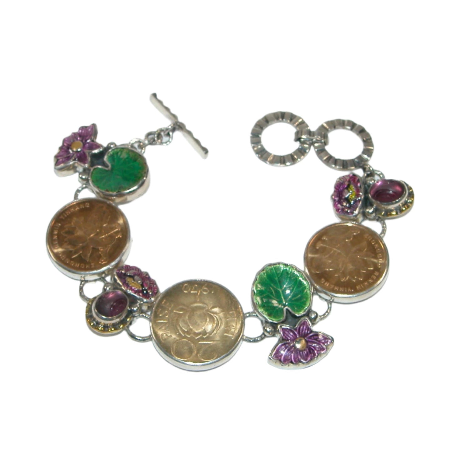 Hand Enameled Pink Quartz, Collectible Coin Sterling Silver Bracelet