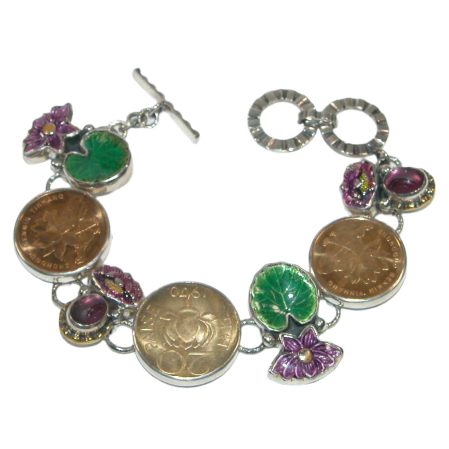 31398 Hand Enameled Lily, Pink Celestial Quartz, Collectible Coin Sterling Silver Bracelet