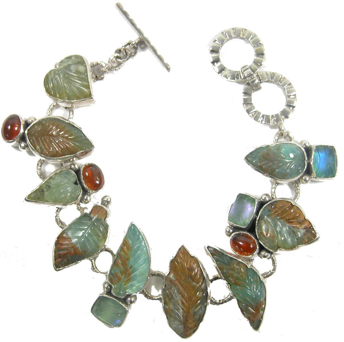 Carved Peruvian Opal Leaf Hessonite Sterling Silver Bracelet