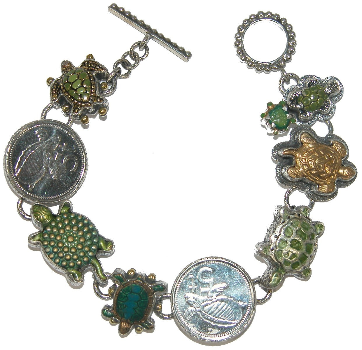 Green Enamel Turtle Coin Sterling Silver Bracelet