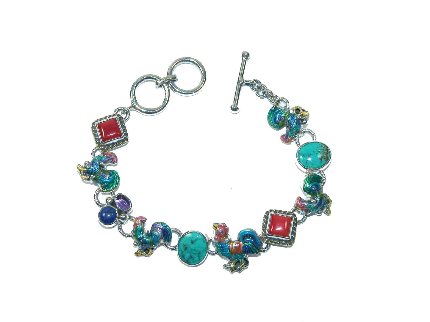 Enameled Rooster with Turquoise and Coral Bracelet