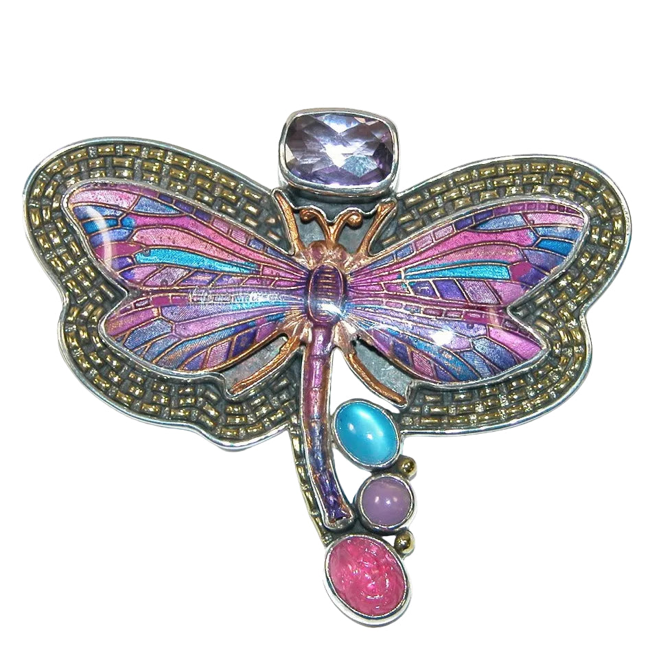 31444 Amethyst, Moonstone, Hand-Enameled Dragonfly Pin / Pendant
