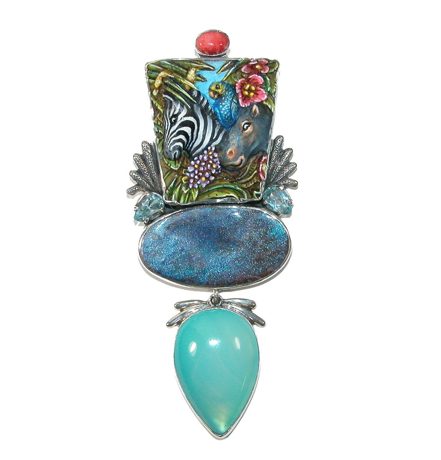 31452 Carved Zebra, Boulder Opal Sterling Silver Pin and Pendant