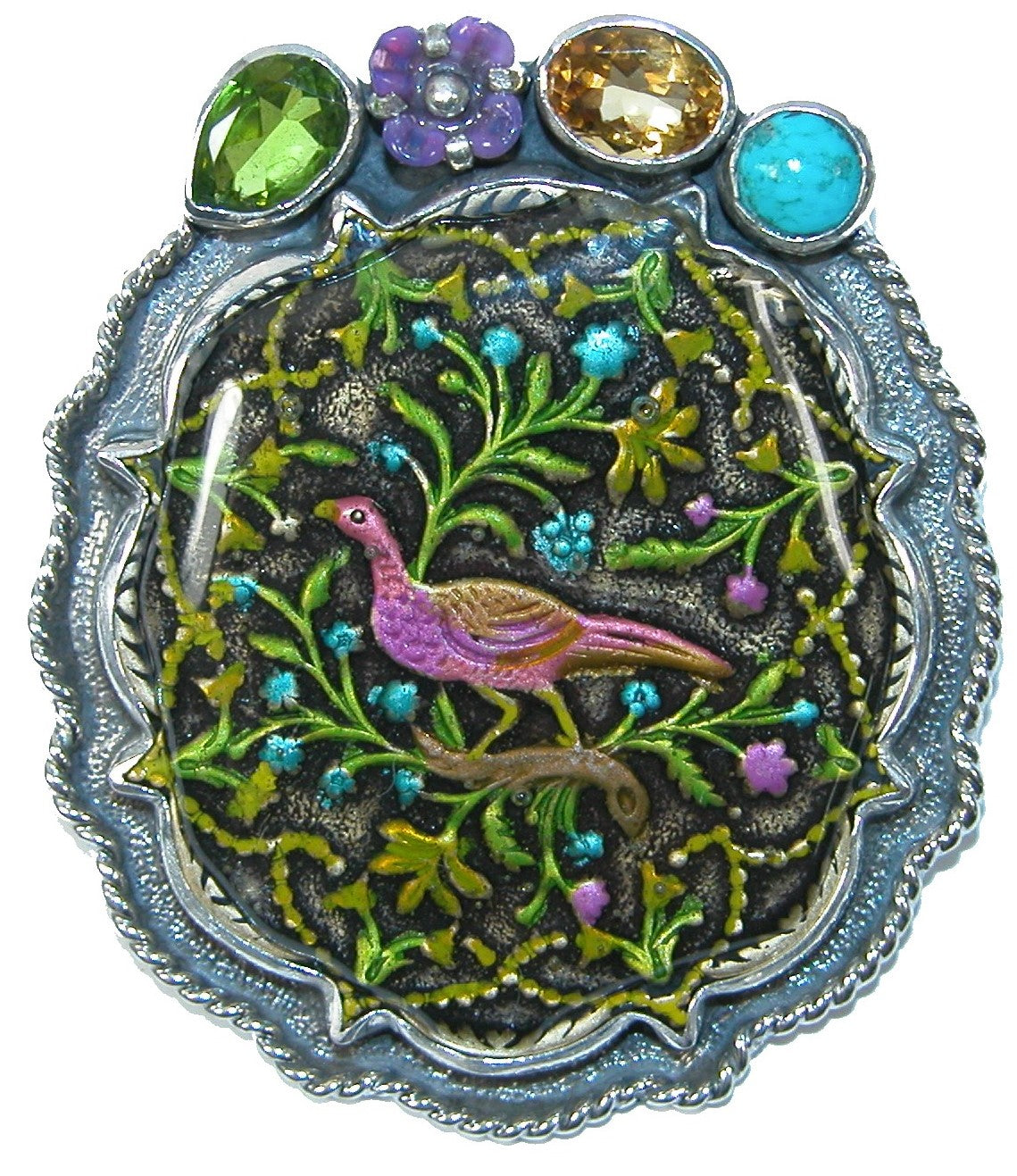 31460 Turquoise, Citrine, Peridot, Hand Enameling Sterling Silver Pin and Pendant