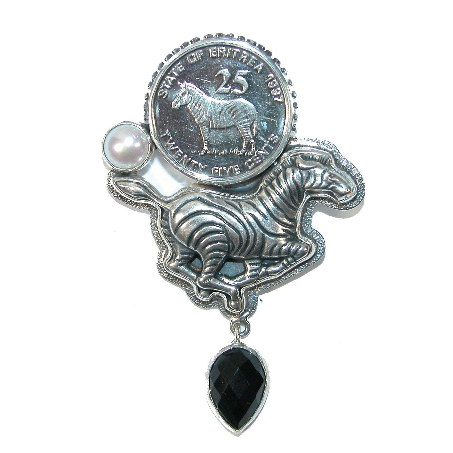 31461 Collectible Zebra Coin, Freshwater Pearl, Black Onyx Sterling Silver Pin and Pendant