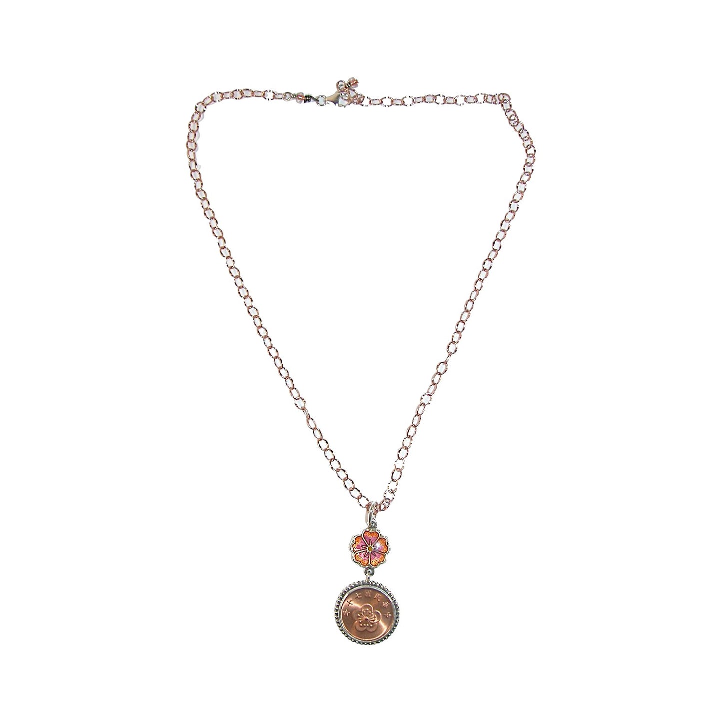 31467 Hand Enamel Flower Coin Sterling Silver Necklace