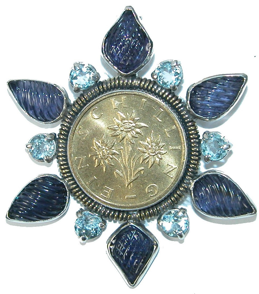 Iolite Aquamarine Flower Coin Sterling Silver Pin Pendant