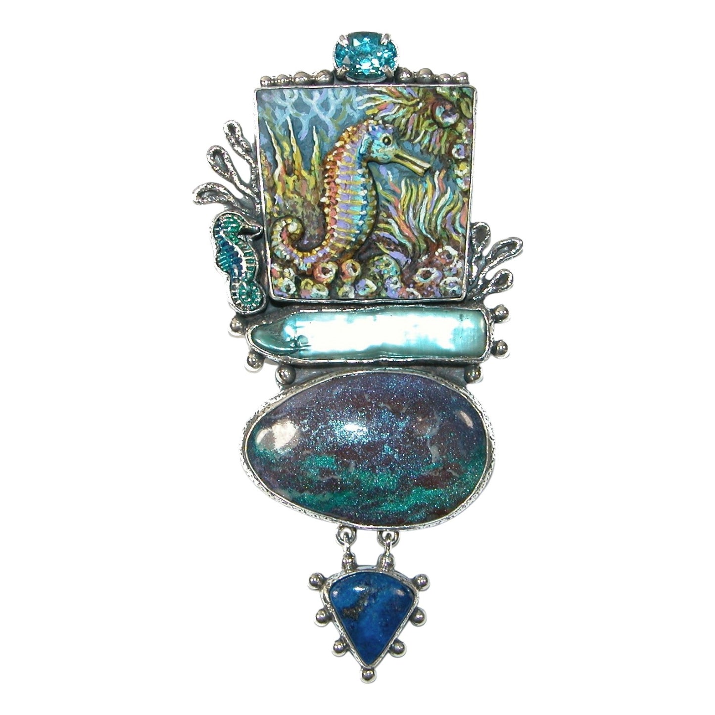 Hand Carved Scrimshaw Seahorse, Freshwater Pearl, Lapis, Blue Topaz Sterling Silver Pin Pendant