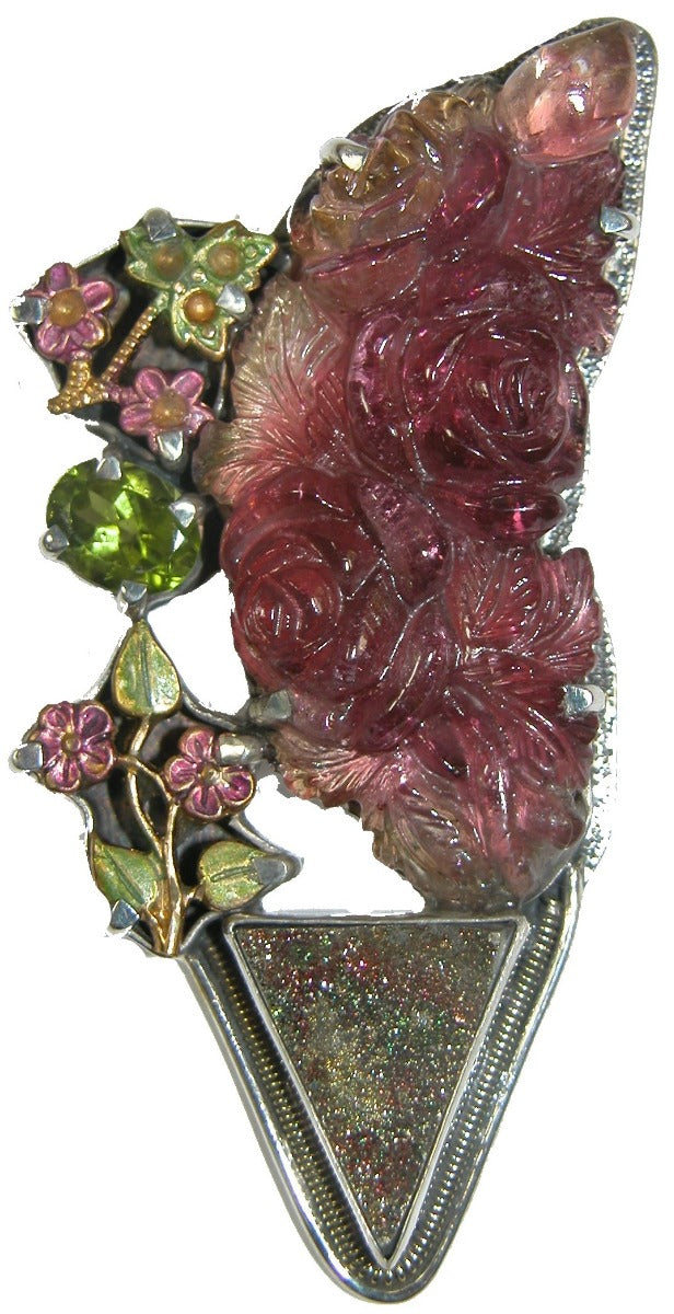 Carved Tourmaline Flower Rainbow Drusy Sterling Silver Pin Pendant