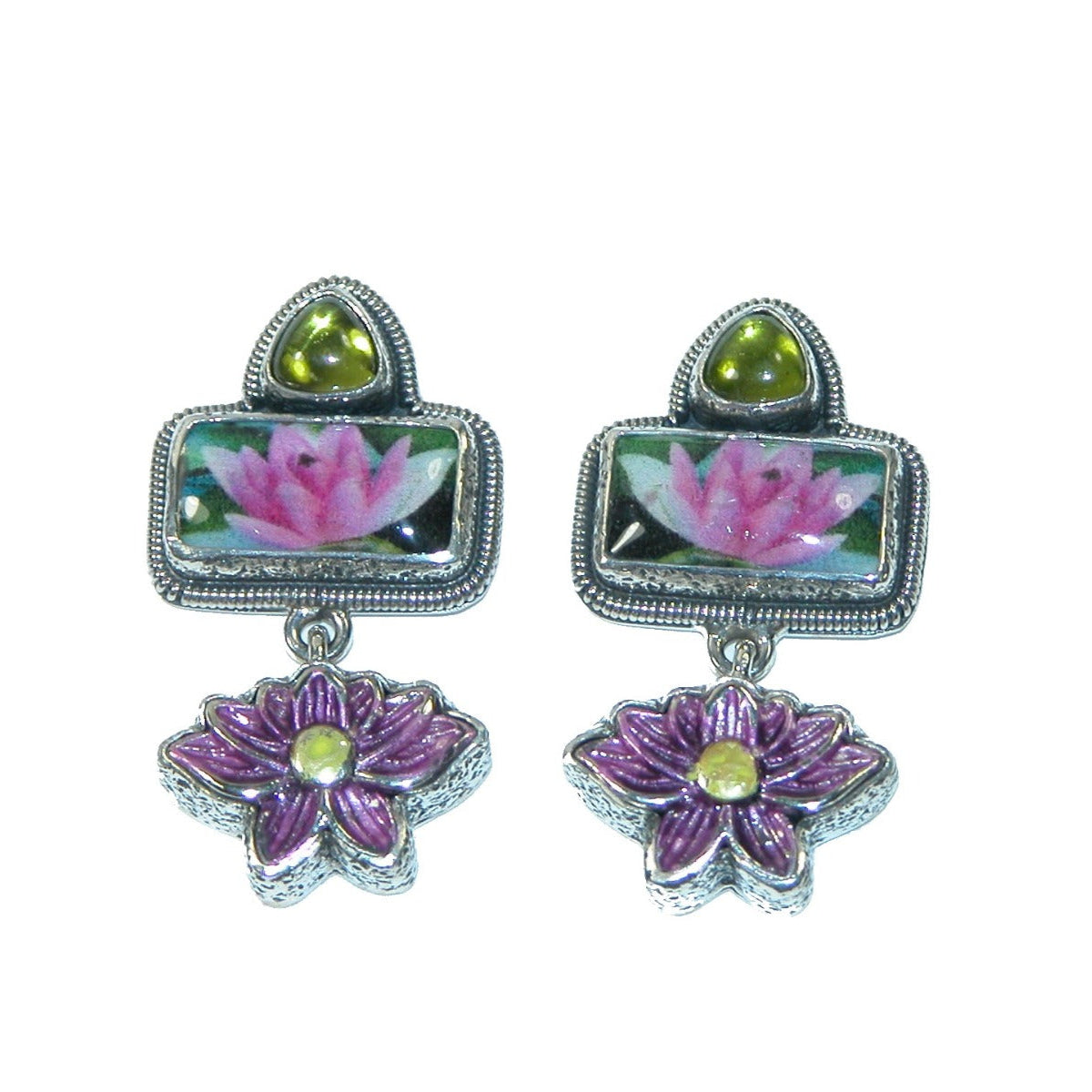 31501 Enameled Lotus and Tile Vesuvanite Earrings
