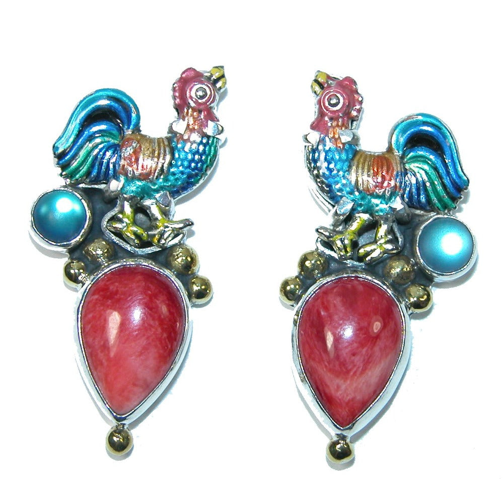 31502 Enameled Rooster, Spiny Oyster, Quartz, Sterling Silver Earrings